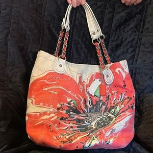 Coach Poppy Signature Coral Ivory Canvas Embellish LG Tote Purse
